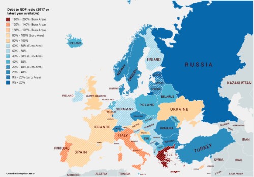 debt to GDP ratio by country in Europe map