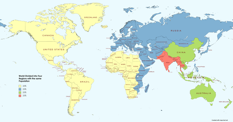 Map showing World Divided into Four Regions with the same Population