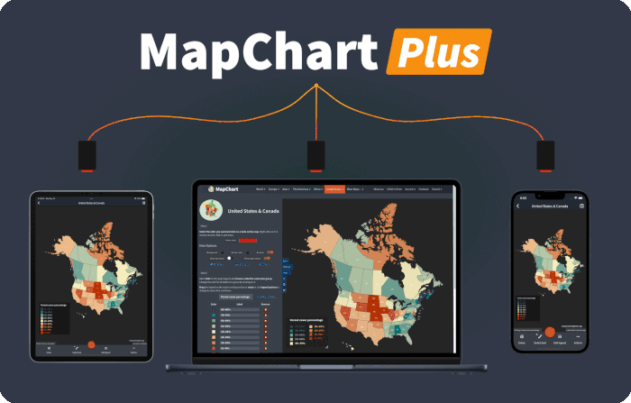 With MapChart Plus you can access your maps and settings from any device, desktop, laptop or mobile